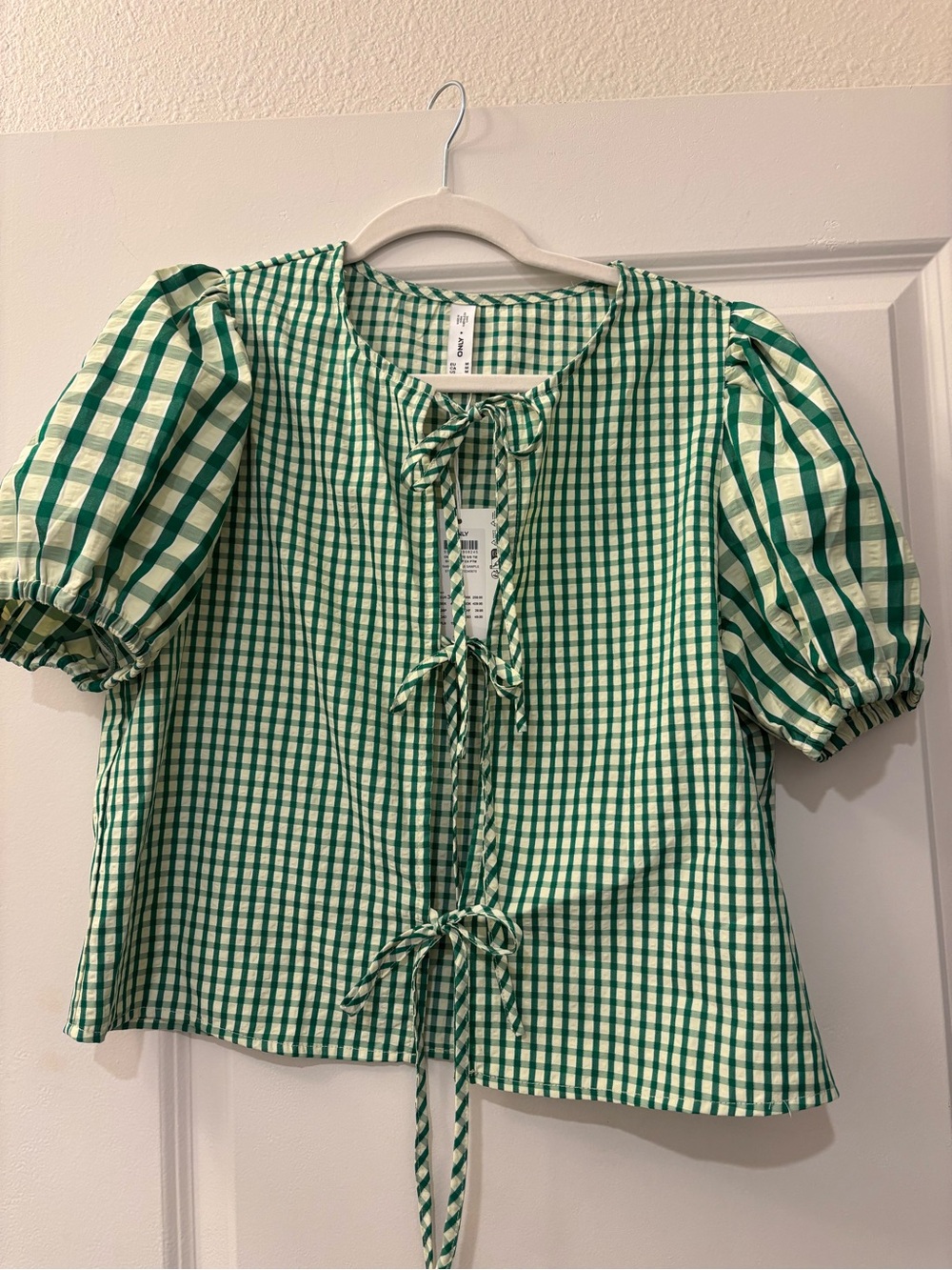 Only Green Gingham Tie-Front Puff Sleeve Blouse - NWT - Size M